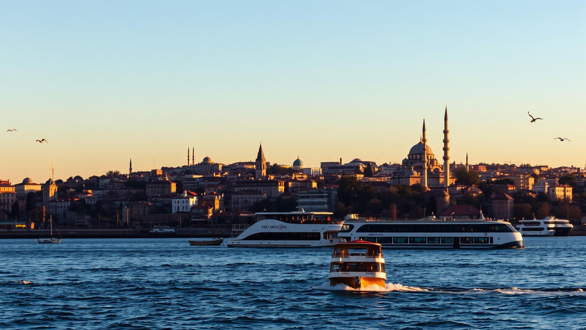 Istanbul skyline over the Bosphorus at golden hour